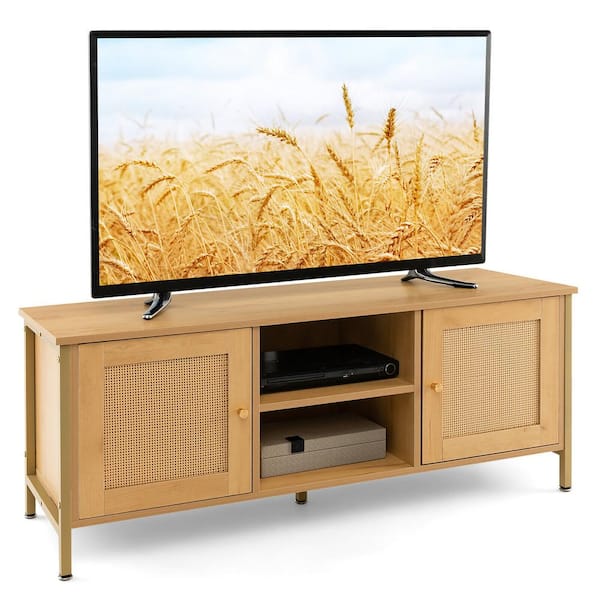 Gymax Boho TV Stand Fits TVs up to 55 in. with Faux Rattan Door Side Cabinet and Open Shelf