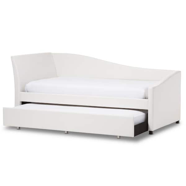 Baxton Studio Vera Modern and Contemporary White Faux Leather Upholstered Curved Sofa Twin Daybed with Roll-Out Trundle Guest Bed Baxton Studio Vera Modern and Contemporary White Faux Leather Upholstered Curved Sofa Twin Daybed with Roll-Out Trundle Guest Bed