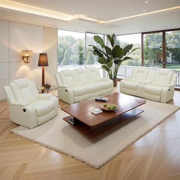 84 in. Pillow Top Arm 3-Piece Leather Rectangle Power Reclining Sofa Set in White, Modern Design w/Cup Holders, LED, USB