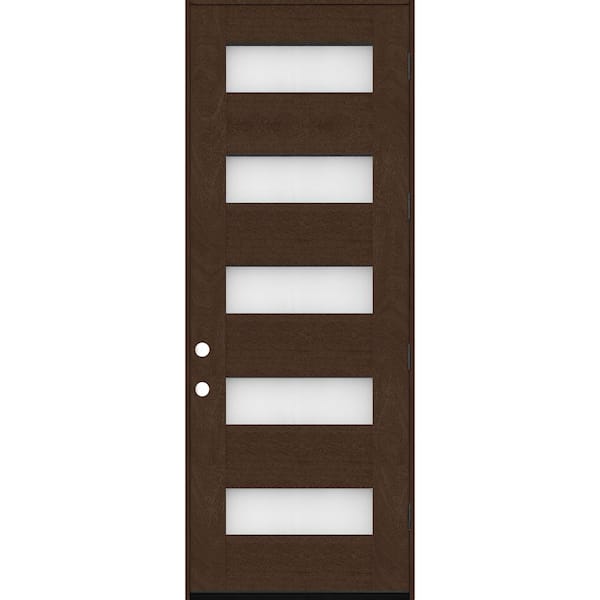 Regency 36 in. x 96 in. 5L Modern LHOS Frosted Glass Hickory-Stained Fiberglass Prehung Front Door