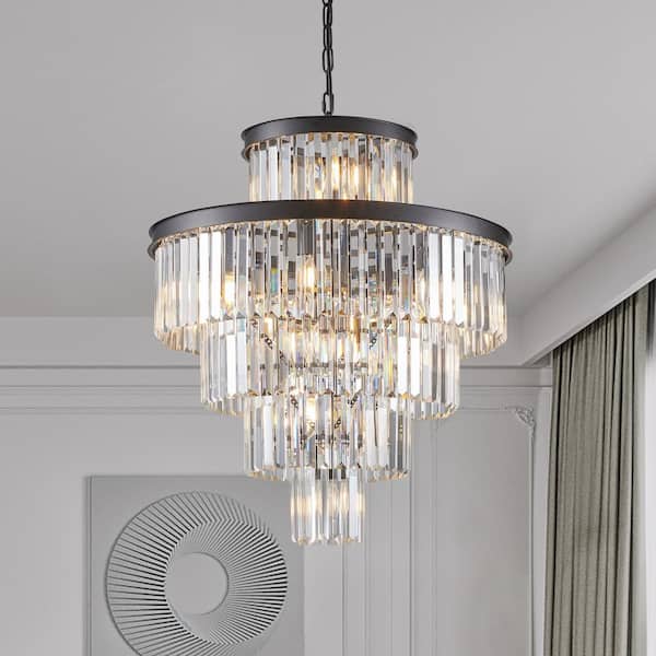 15 Lights 5-Tier Black Modern Luxury Crystal Chandelier Hanging Pendant Light Fixture, No Bulbs Included, E12
