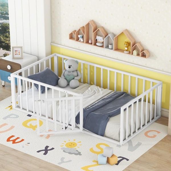Harper & Bright Designs White Metal Frame Twin Size Floor Platform Bed with Full-Length Fence Guardrails and Door