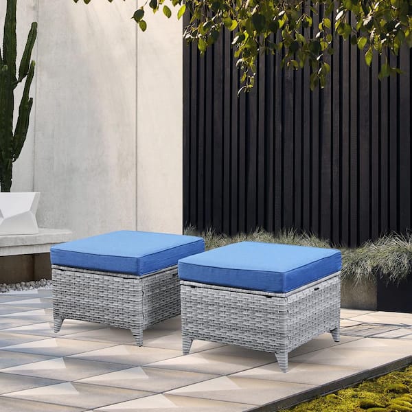 Opohoro ArcoBay Metal and Light Beige Wicker Outdoor Ottoman with Olefin Navy Blue Family Cushion (2-Pack)