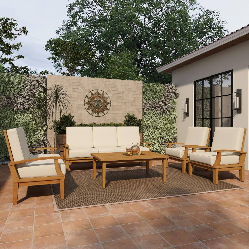 Brown Teak Wood 5-Piece Outdoor Seating Set with Cushions