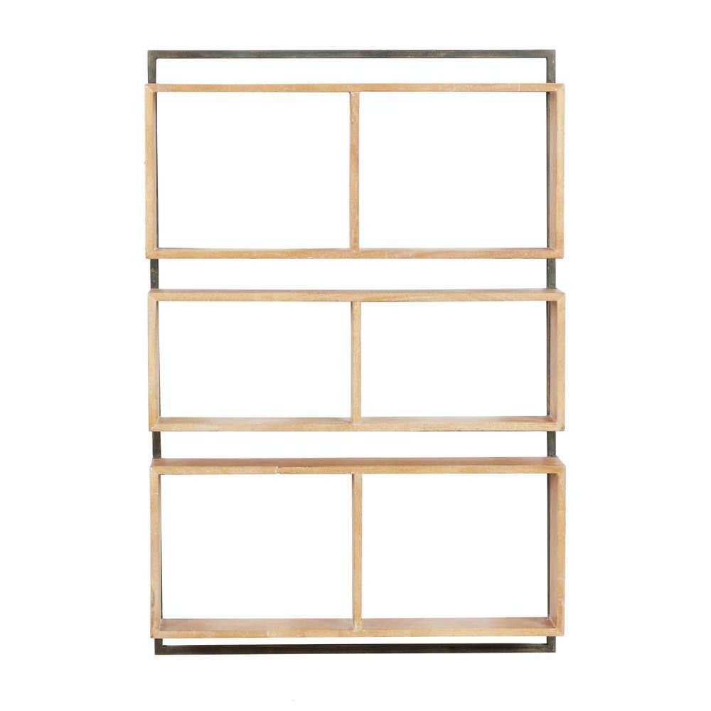Industrial Brown Wood and Black Metal Rectangular Wall Shelf