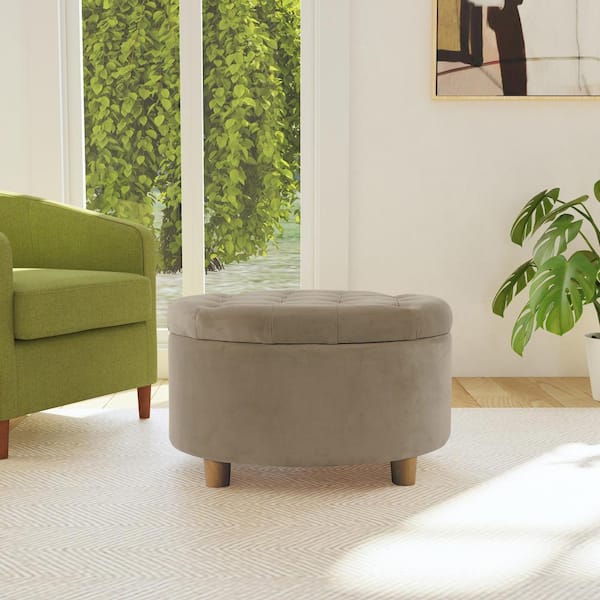 Homepop Button Tufted Fawn Velvet Round Storage Ottoman