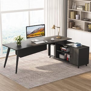 Lanita 79 in. L-Shaped Gray Wood Computer Desk with File Cabinet, Large Executive Office Desk with Shelves, Business