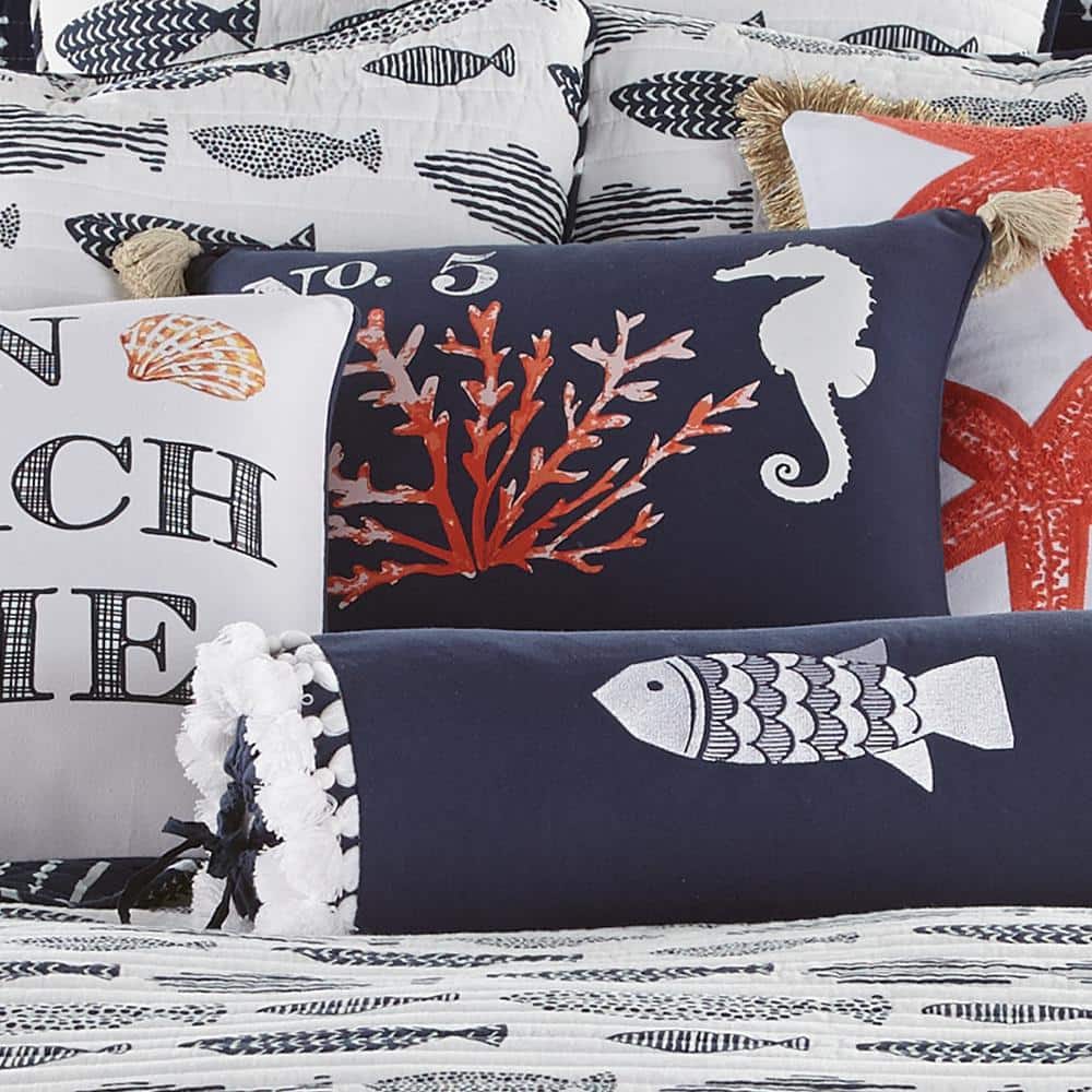 Navy Coral Embroidered Seahorse and Coral Square Pillow