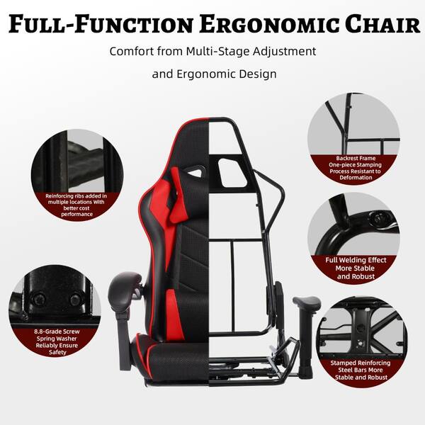 Black/Red E-Sports PC Gaming Chair w/Massage & Footrest Height