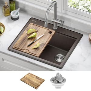 Bellucci Metallic Brown Granite Composite 25 in. Single Bowl Drop-In Workstation Kitchen Sink with Accessories