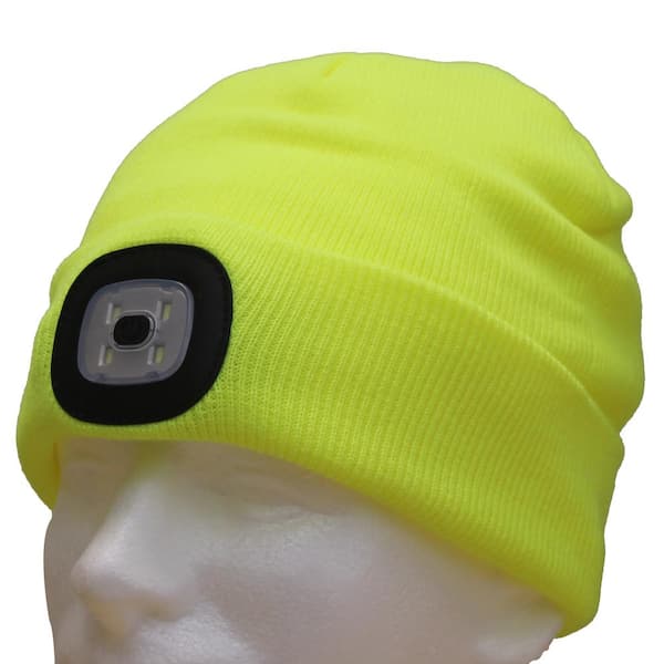 4 LED HI VIS YELLOW Adults Beanie Hat USB Rechargeable Head Lamp Torch Light 