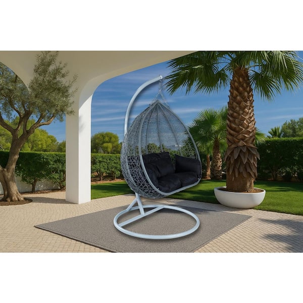 Hanging Metal Porch Swing Chair in Grey Stainless Steel Frame with Cushions Recluse Collection in Black
