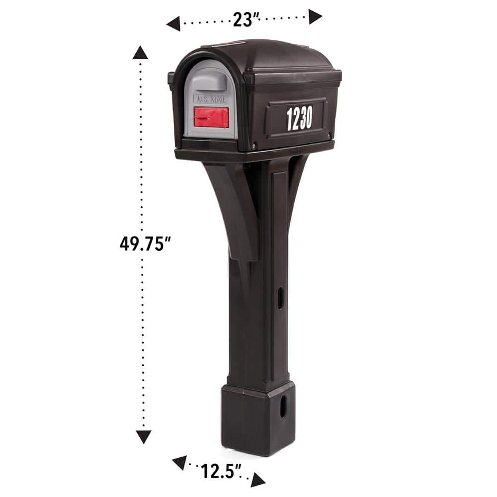 Classic Black Plastic Post Mounted Mailbox with Dual Access Doors