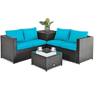 4-Piece Wicker Patio Conversation Set with Turquoise Cushions and Storage Box