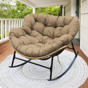 Oversized Brown PE Wicker Outdoor Rocking Chair Papasan Chair with Brown Cushion