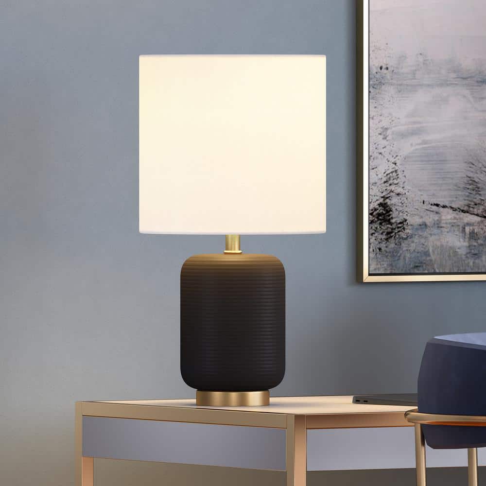 Lambert 15" Matte Black Ceramic Mini Lamp with White Linen Shade