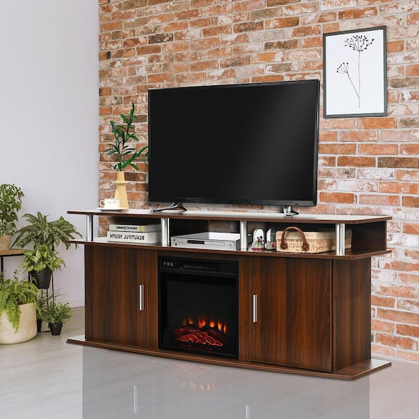 63 in. Fireplace TV Stand with 18 in. 1500-Watt Electric Fireplace up to 70 in. Walnut