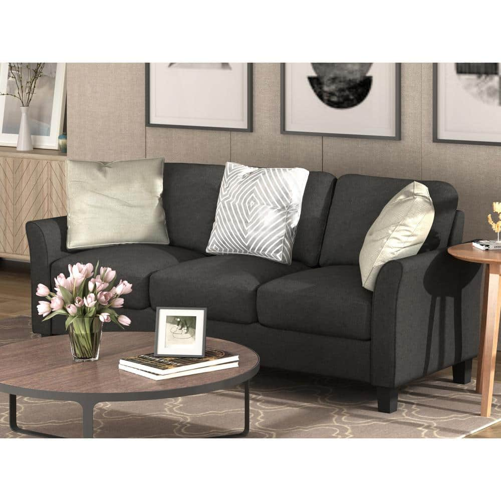 80 in. Wide Flared Arm Linen Fabric Rectangle Modern 3-Seat Sofa in. Black -  Harper & Bright Designs, QMY239AAB