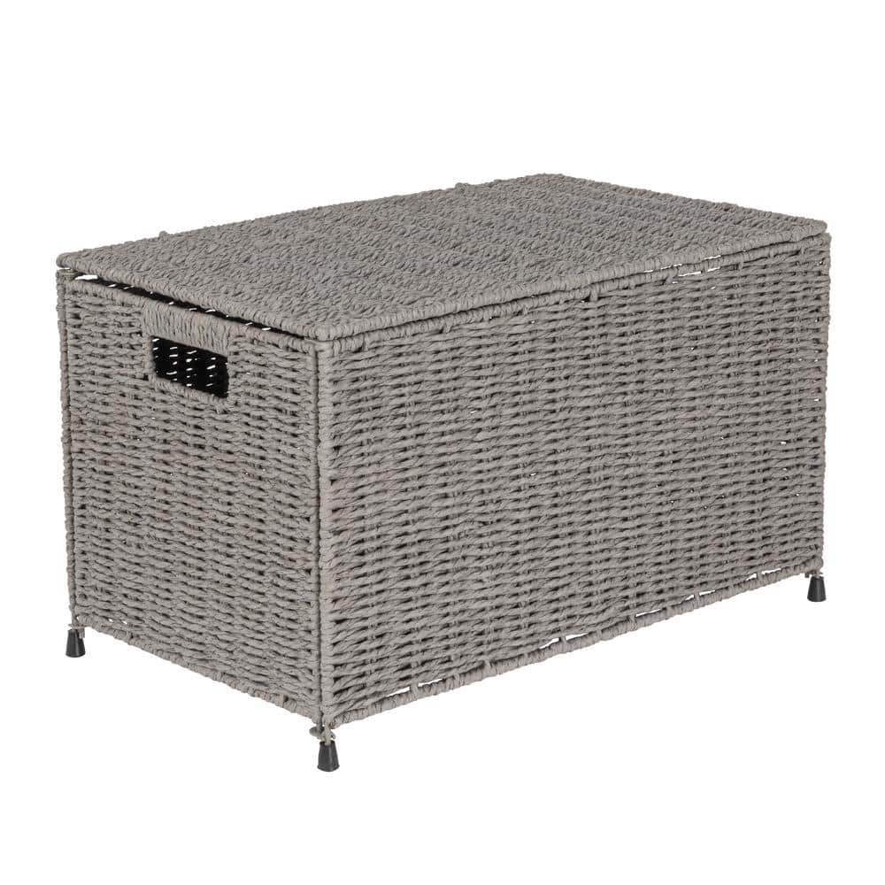 Household Essentials Gray Hand-Woven Paper Rope Decorative Box Storage Chest with Hinged Lid and Handles, Handwoven Gray