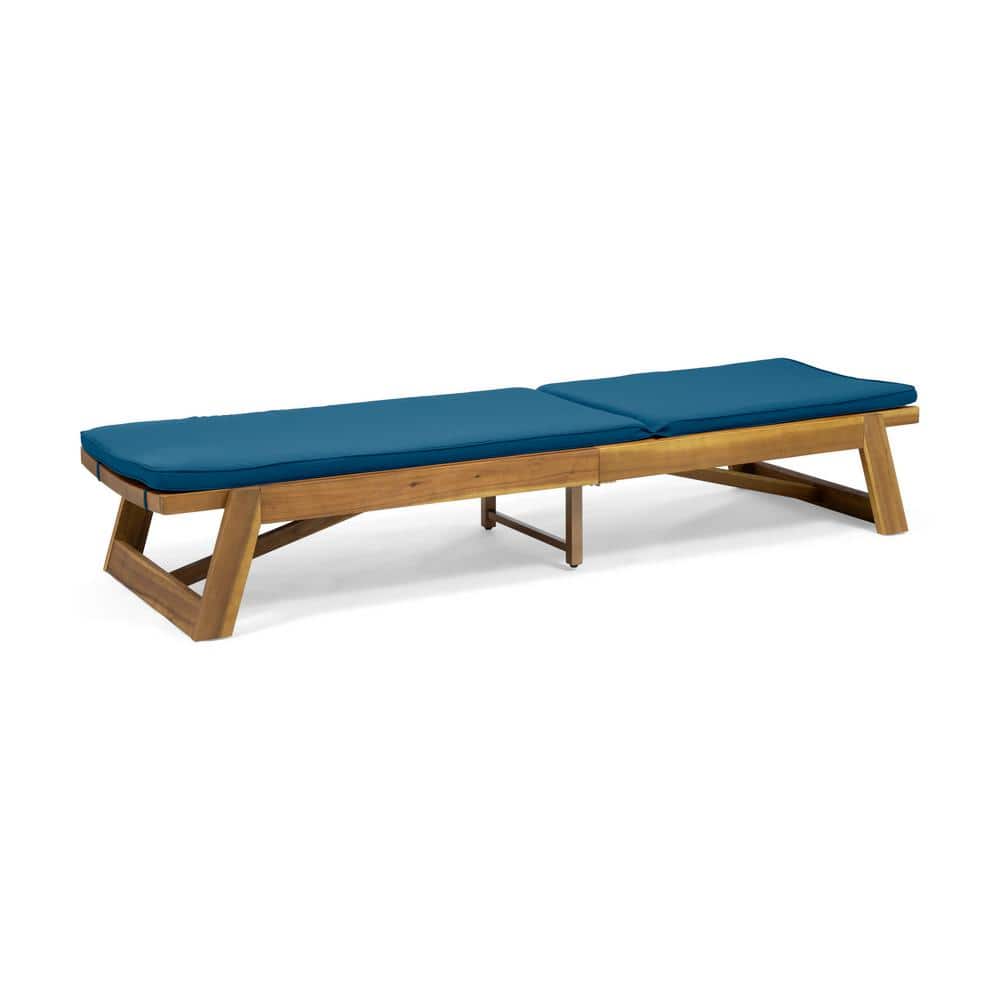 Teak Brown Wood Chaise Lounge with Blue Cushions