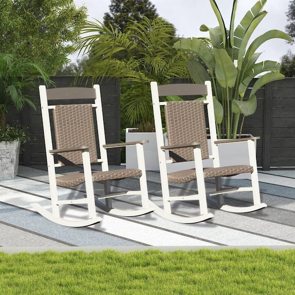 Set of 2 All-Weather PE Wicker Outdoor Rocking Chairs, High Back Porch Rockers