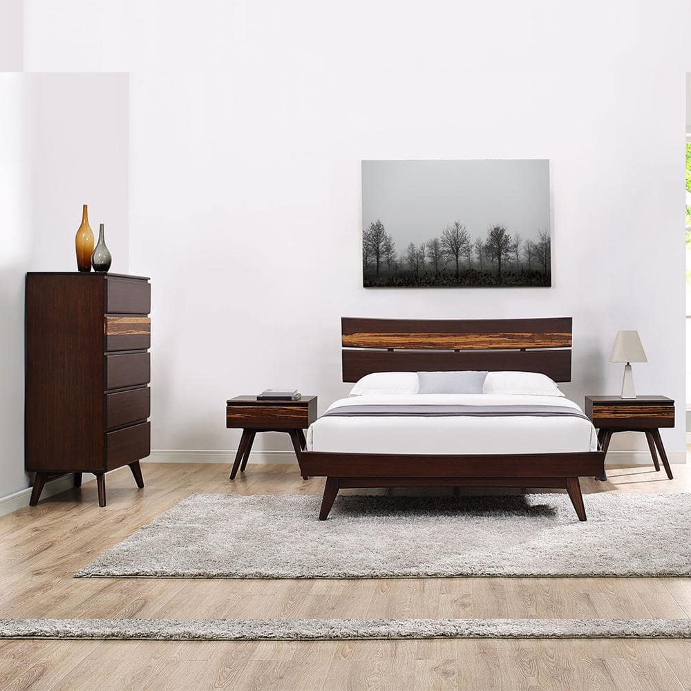 Sarah 4-Pieces Brown Burgundy Wood Frame Queen Platform Bedroom Set with 2-