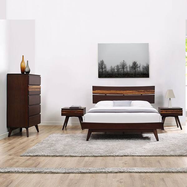Unbranded Sarah 4-Pieces Brown Burgundy Wood Frame Queen Platform Bedroom Set with 2-Nightstands and Chest