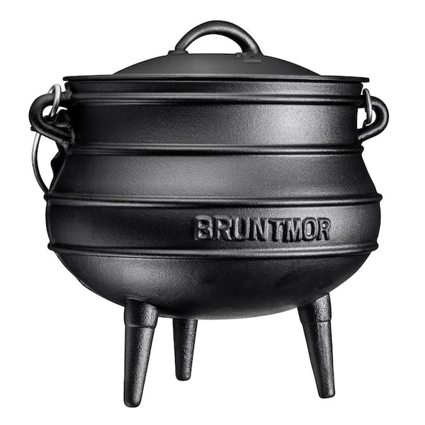 Bruntmor 8 qt. Cast Iron Pre-Seasoned Potjie African Pot with Lid with Wooden Crate Size 3