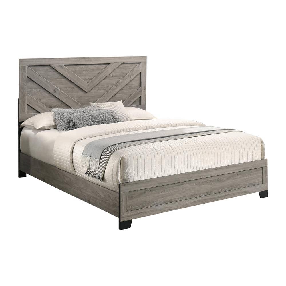 Light Gray Solid Wood Queen Panel Bedroom Set with Black Accents