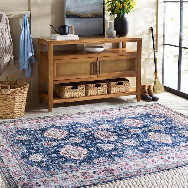Martha Stewart Washable Navy/Beige 4 ft. x 6 ft. Machine Washable Floral Border Area Rug