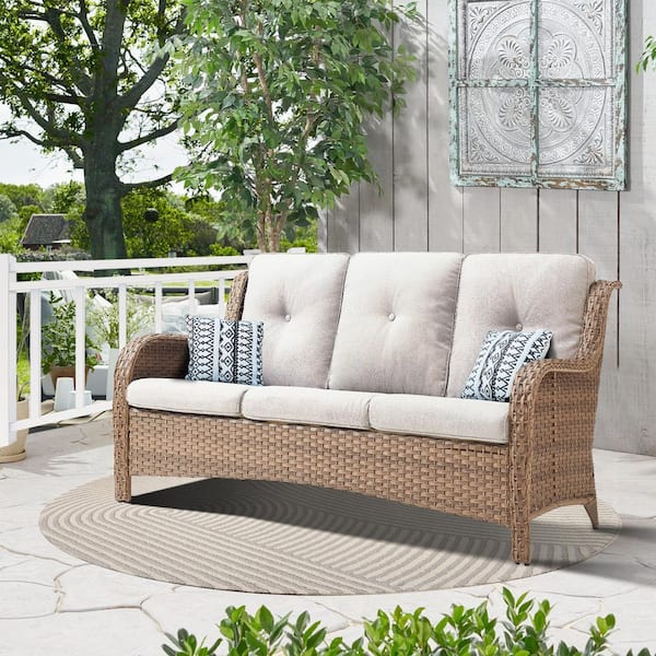 Opohoro ArcoBay Metal and Yellow Wicker Outdoor 3-Seat Sectional Couch Sofa with Olefin Beige Cushions
