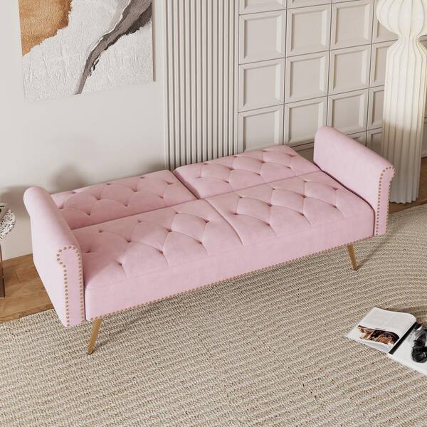 Z-joyee 66 in. Pink Velvet Twin Size Variable Sofa Bed, Baby Pink