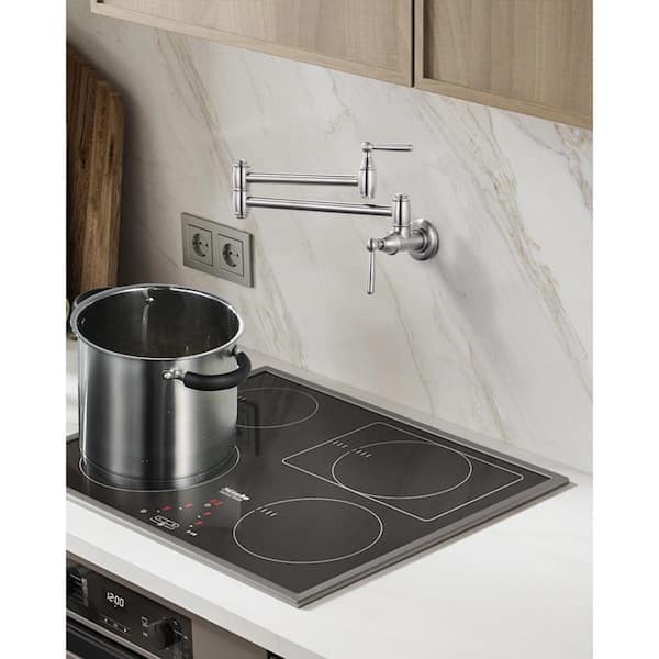 Retro Wall Mounted Brass Pot Filler Stretchable Kitchen Faucet with Double Joint Swing Arm in Brushed Nickel