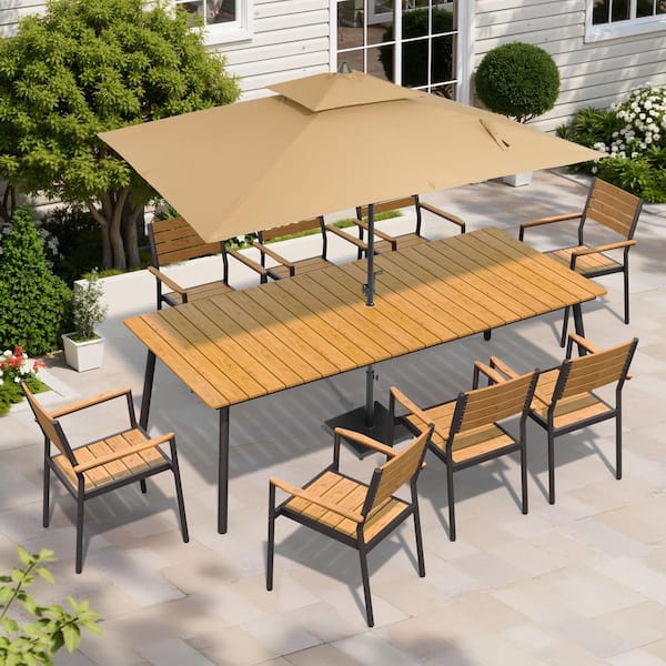 11-Piece 95 in. Aluminum Outdoor Dining Set with Stackable Arm Chairs and Market Patio Double Top Umbrella & Base