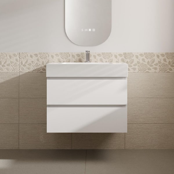 Aaby 30 in. W x 18 in. D x 25 in . H Wall Mounted Floating Bath Vanity in White with White Solid Surface Top and Sink