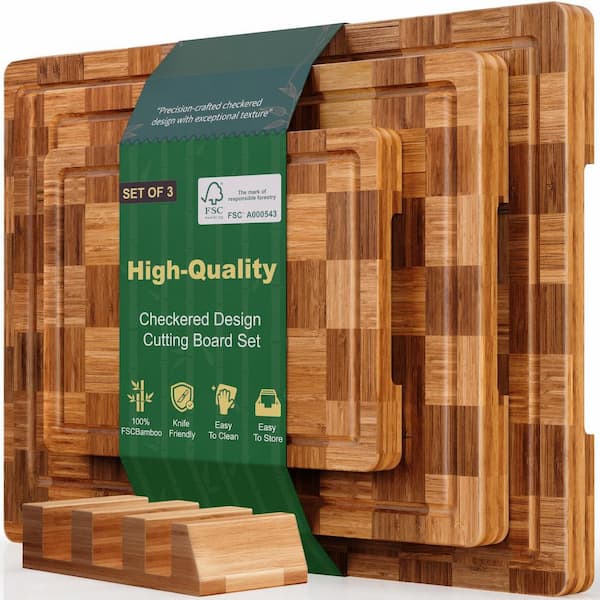 3-Piece Natural Bamboo Cutting Board Set Wood Kitchen Chopping Boards with Juice Grooves Non-Slip Feet Tray