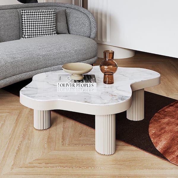 JASIWAY 47 in. White Specialty Faux Marble Top Coffee Table