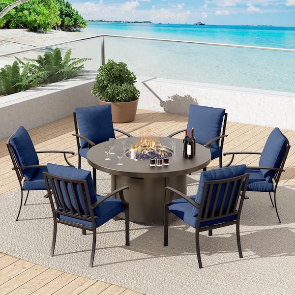 Halmuz 7-Piece Metal Outdoor Dining Set with 6 Chairs, Round Fire