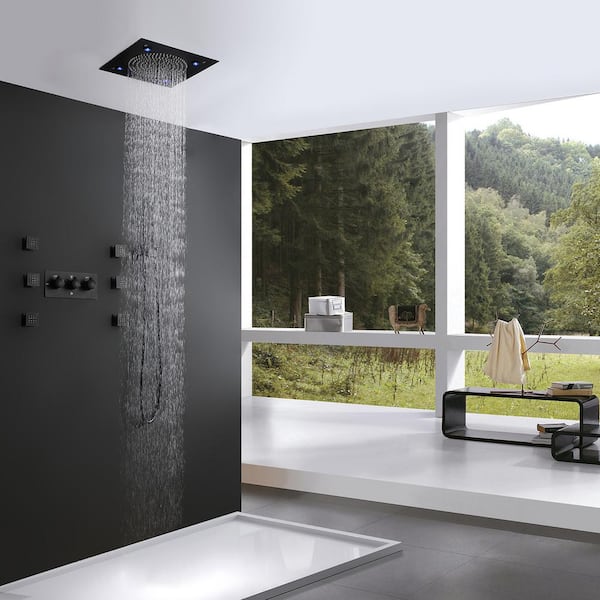 Modern Matte Black Wall Mounted 12 Rainfall Showerhead & Handheld Shower Set with Six Body Spray Jets Thermostatic Solid Brass