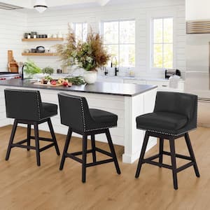 Zorro 27 in.Black Faux Leather Swivel Counter Stool Wood Frame Double Cushion Swivel Bar Stool Set of 3