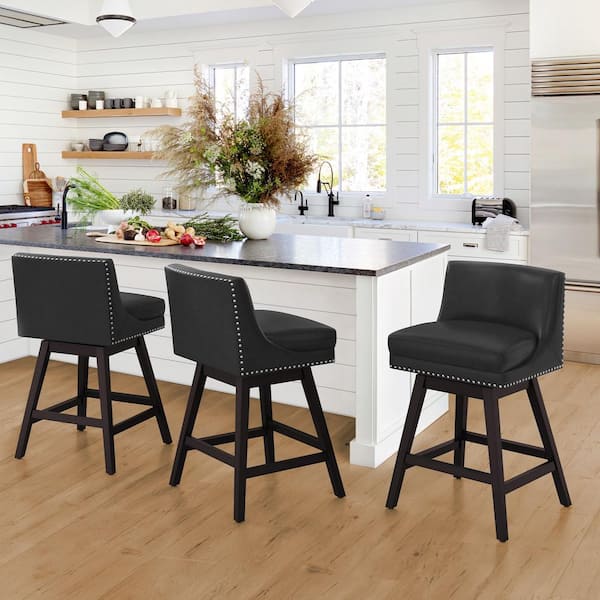 cozyman Zorro 27 in.Black Faux Leather Swivel Counter Stool Wood Frame Double Cushion Swivel Bar Stool Set of 3
