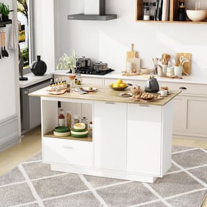 White/Oak Wood 59.1 in. W Kitchen Island Dining Table With Adjustable Shelves and Drawer