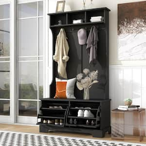 Black Freestanding Hall Tree with Storage Bench, 2 Flip Shoe Storage Drawers, Shelves and Hooks