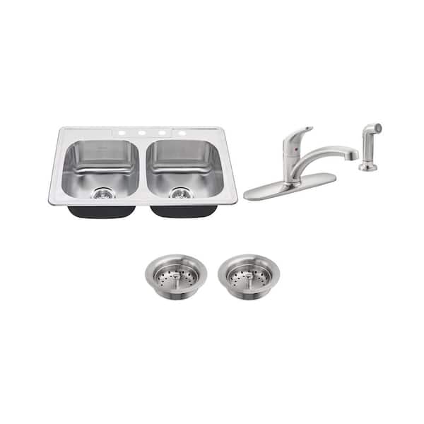 American Standard Colony All-in-One Drop-In Stainless Steel 33 in. 4-Hole 50/50 Double Bowl Kitchen Sink with Faucet in Stainless Steel