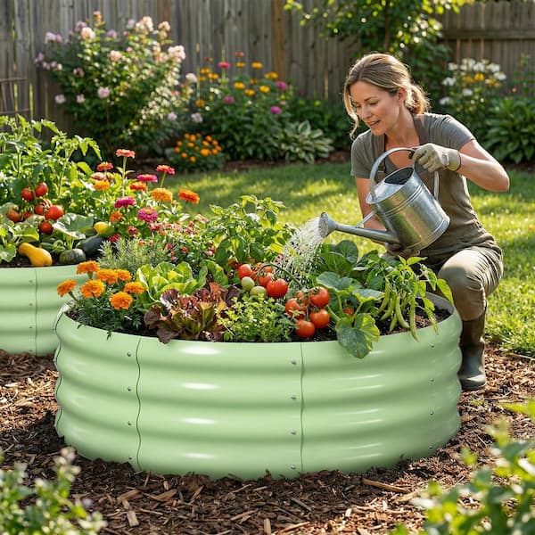 3-Pack Round Galvanized Raised Garden Bed, 3 ft. W x 1 ft. H Metal Garden Bed Outdoor, Above Ground Planter Box, Green