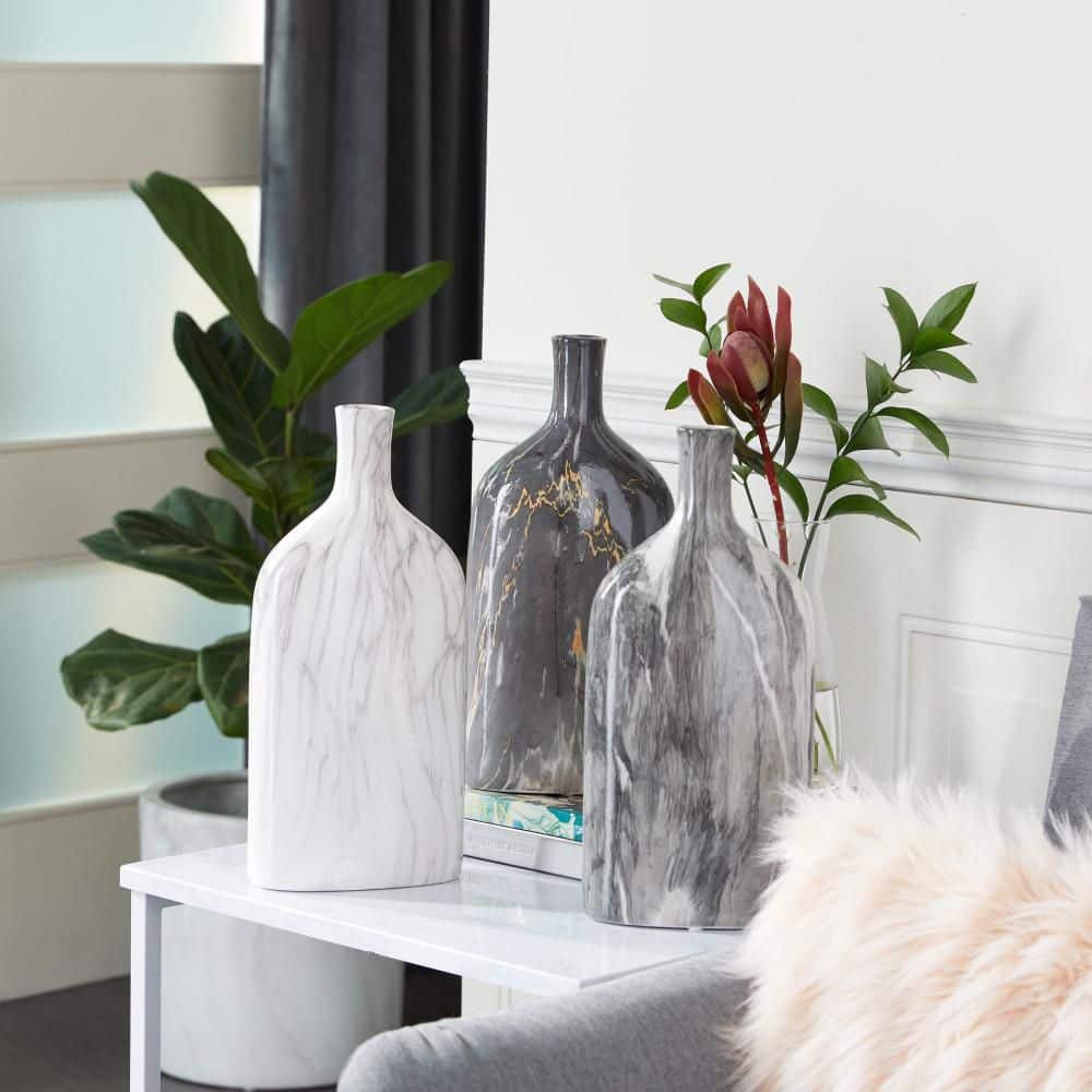 Gray Faux Marble Ceramic Decorative Vase Set, 6" x 3" x 13"
