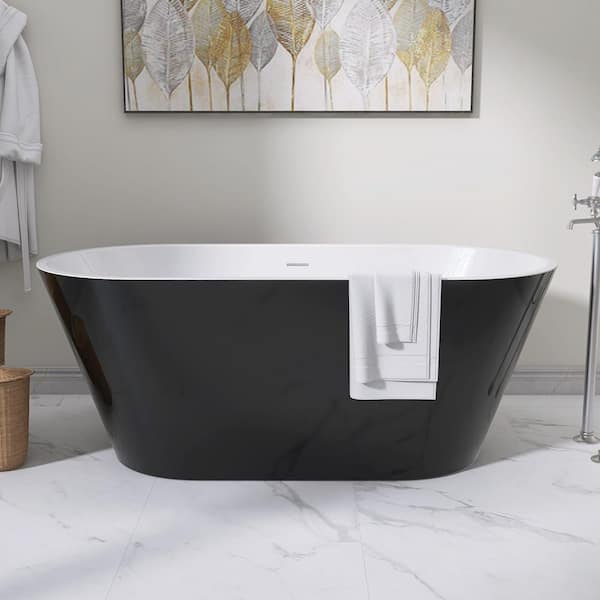 59 in. x 29.5 in. Free Standing Soaking Bathtub with Center Drain Flat Bottom Oval Acrylic Freestanding Tub in Black