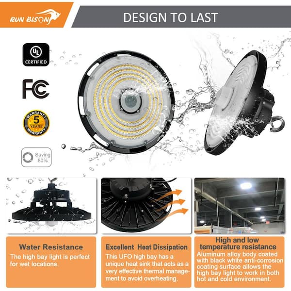 RUN BISON 12.6 in. Integrated UFO LED High Bay Light Fixture LED Commercial Lighting, Up to 36000 Lumens w/Motion Sensor (8-Pack)