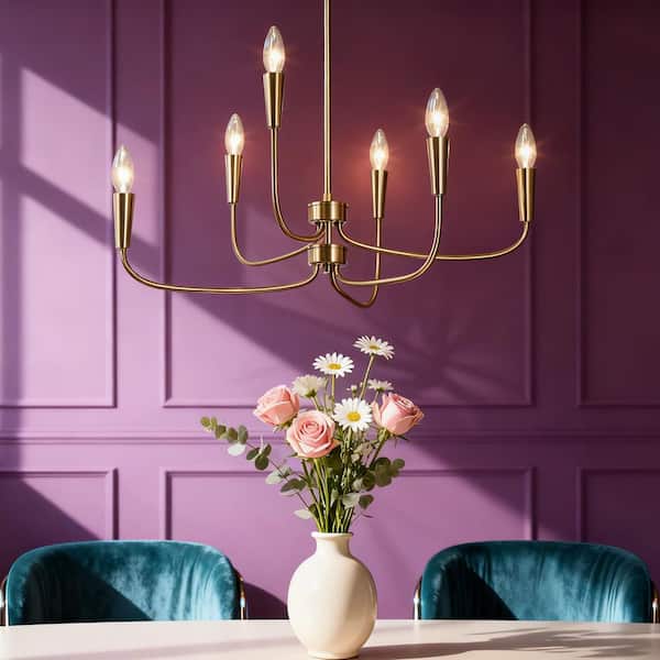 LNC 6-Light Plating Brass Candlestick Oblong Chandelier with Varying Lengths of Arms for Living Room with no Bulbs Included