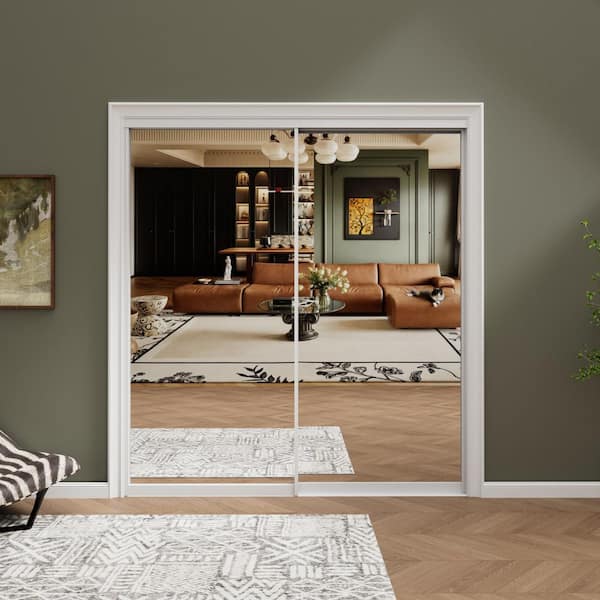 ARK DESIGN 60 in. x 80 in. 1 Lite Mirrored Glass Aluminum Frame Closet Sliding Door with Hardware Kit